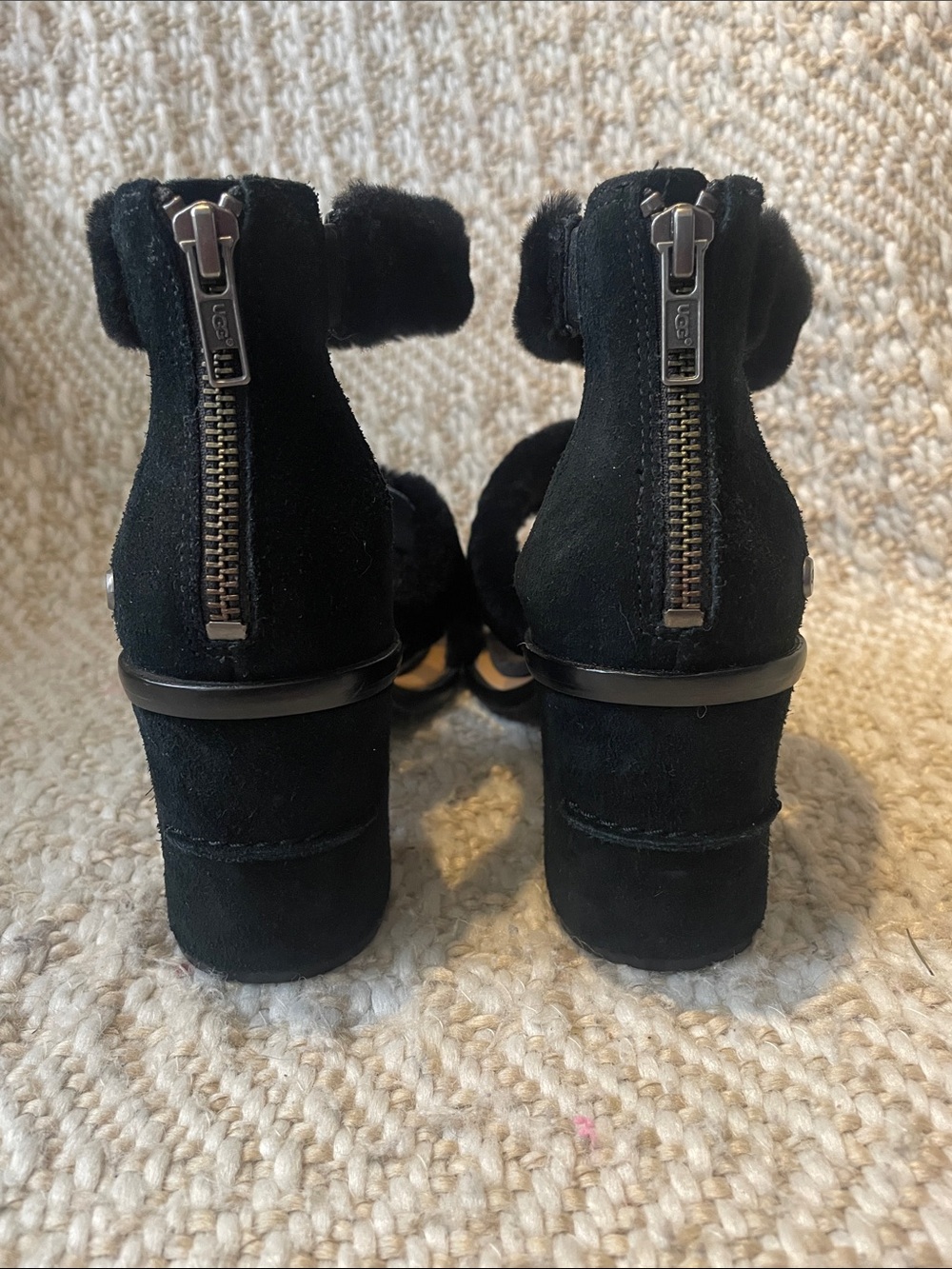 UGG Black Faux-Fur Strap Block Heel Sandals - Picture 4 of 4